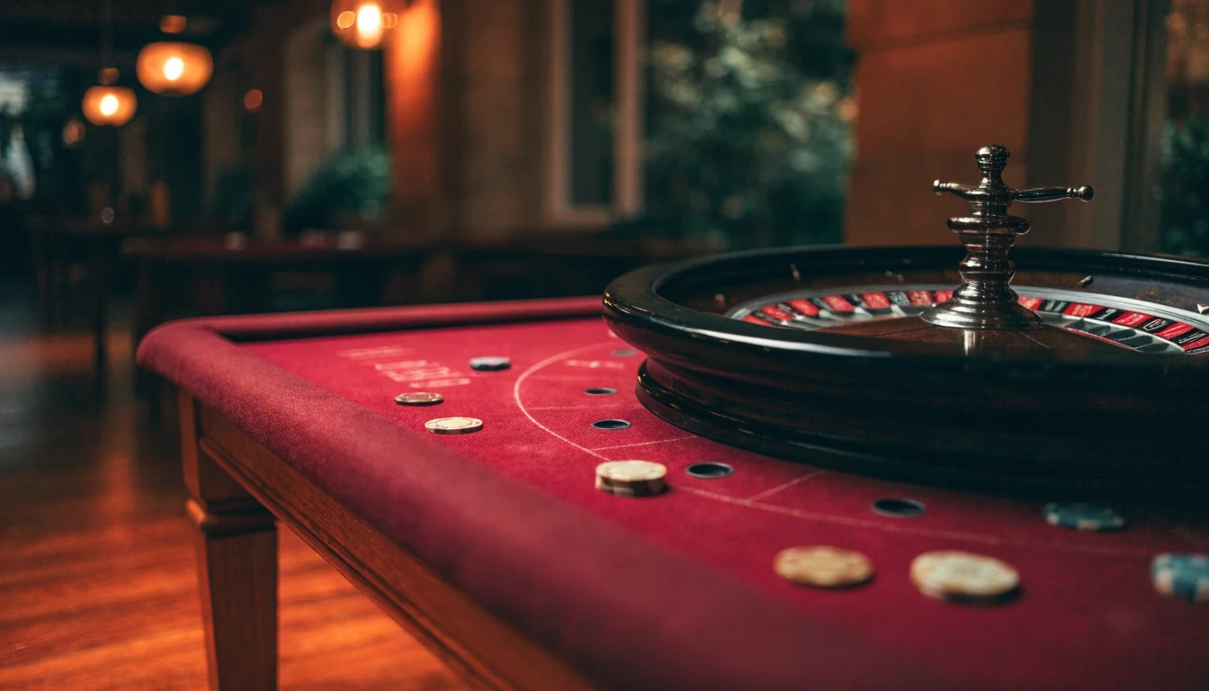 Prazan klasični stol za rulet s rasutim žetonima pod toplim svjetlom